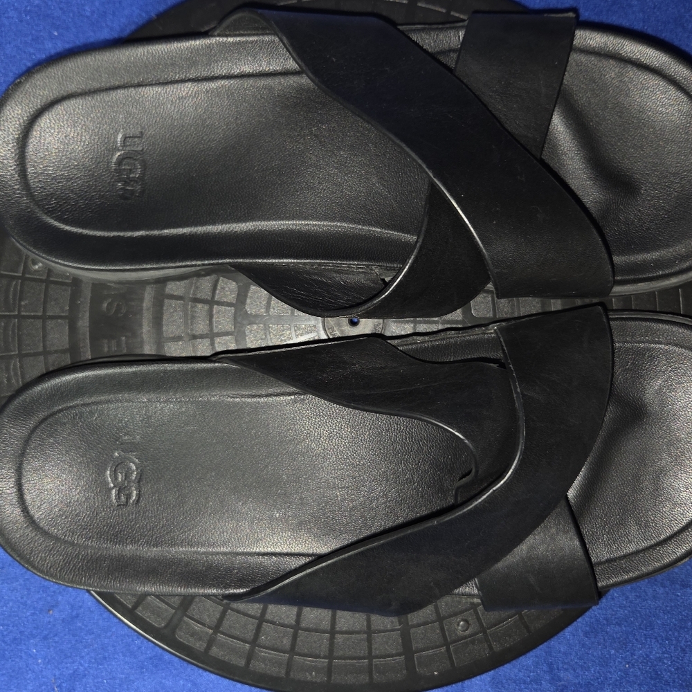 UGG Wainscott Slide Black Leather Sandals, Sz. 11-US, 44-EU